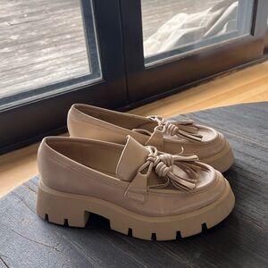 zara tan tassle platform loafers